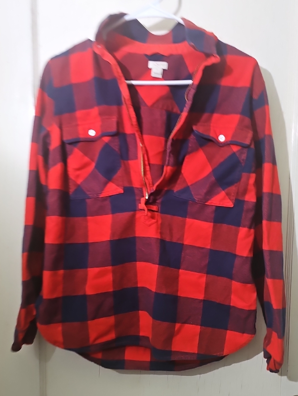 Womens Red and Navy J. Crew Half-Zip Flannel Shirt